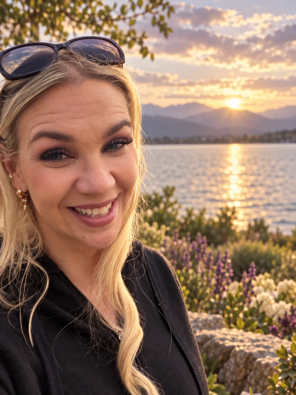Jaclyn laughing in front of a lake at sunset